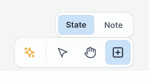 Canvas tools in Stately Studio, including a sparkles AI icon, pointer icon, hand icon, and plus icon which is focused and has an open menu for adding a state or a note.
