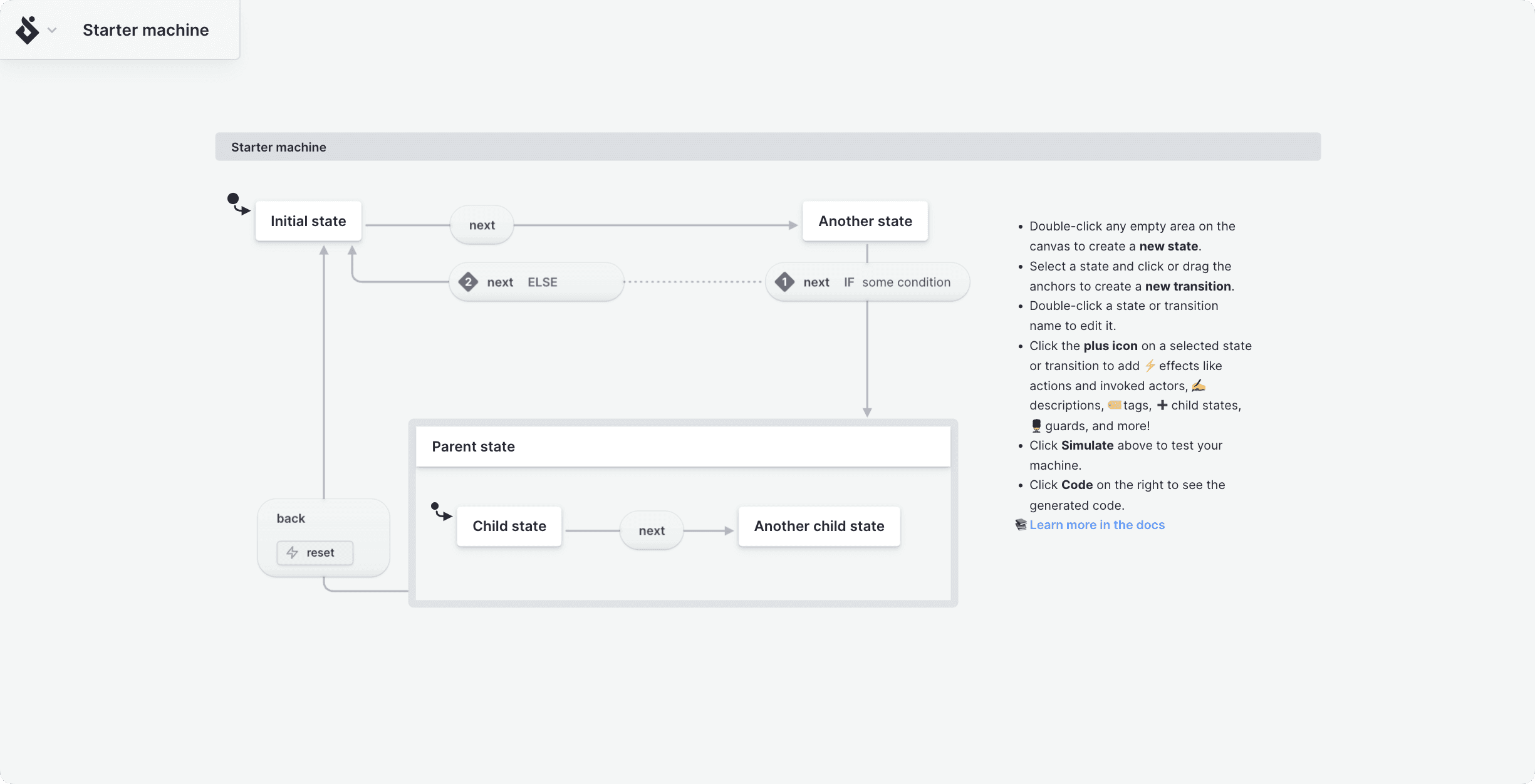 Starter machine in Stately Studio. The only panel visible is the top left corner with the Stately logo and the machine name.