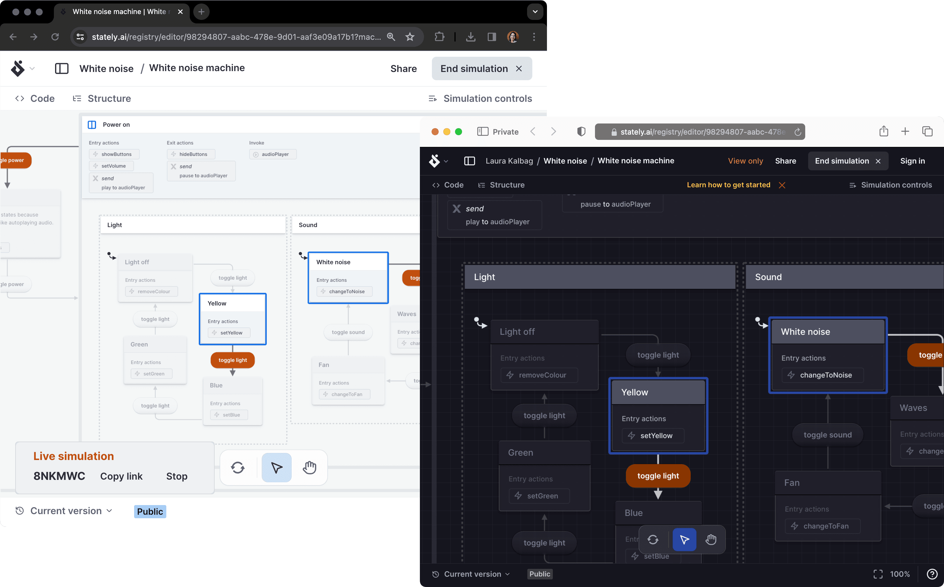 Two views of the Studio, left is the user sharing the Live simulation and right is the user who joins the Live simulation.