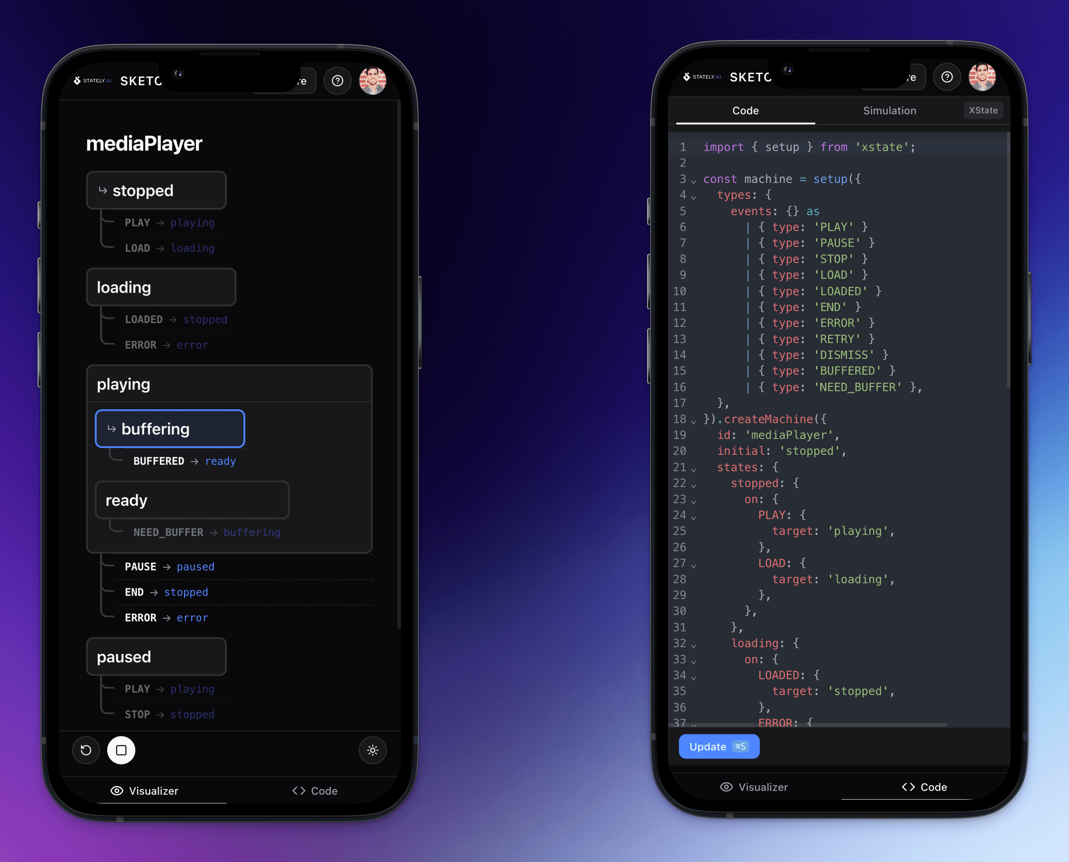 Stately Sketch on a mobile viewport, with the code panel collapsed and the diagram visible.
