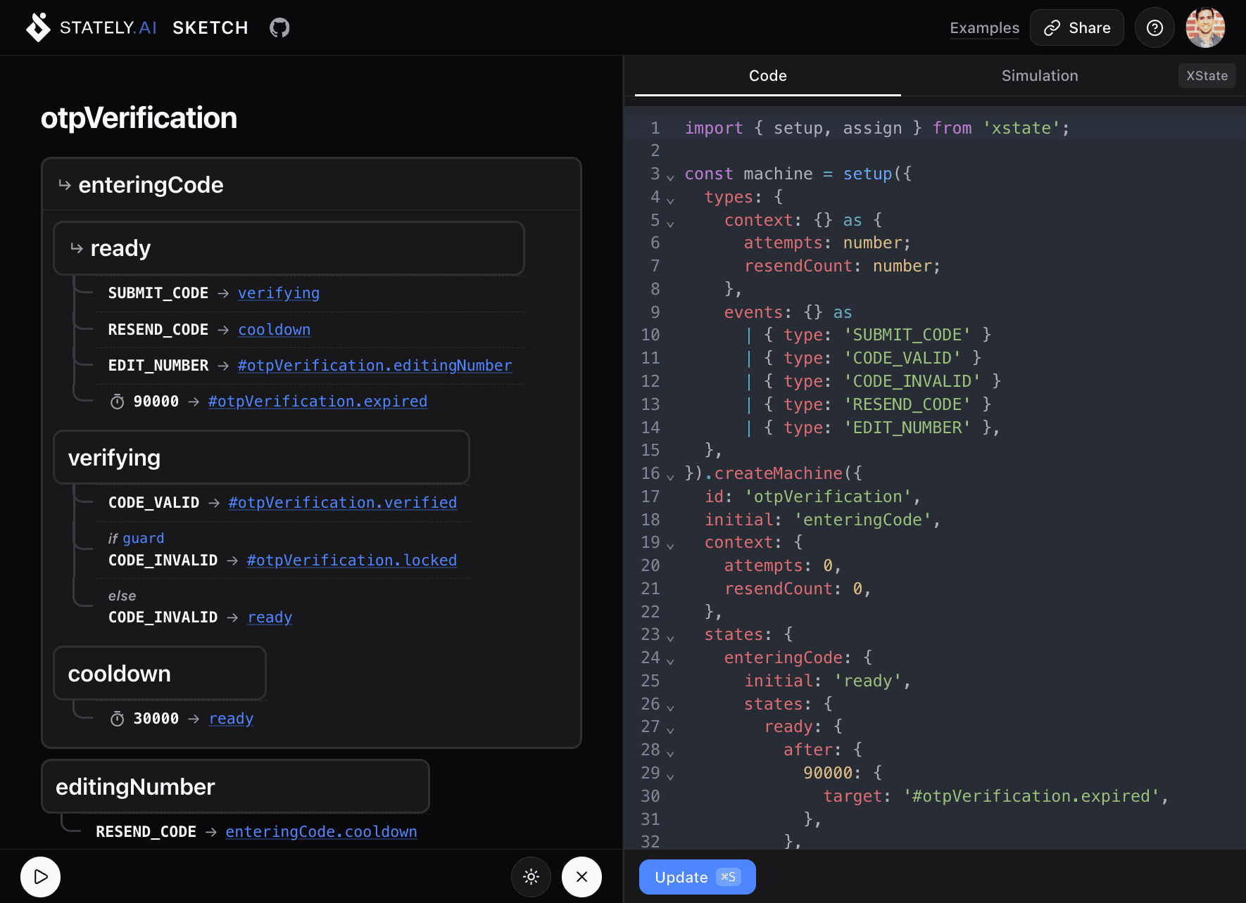 Stately Sketch showing an OTP verification state machine with code on the left and an interactive diagram on the right.