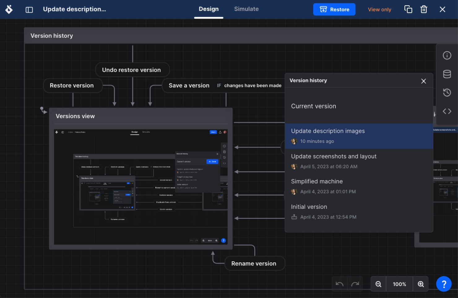 Viewing the past version of your machine in the Editor.