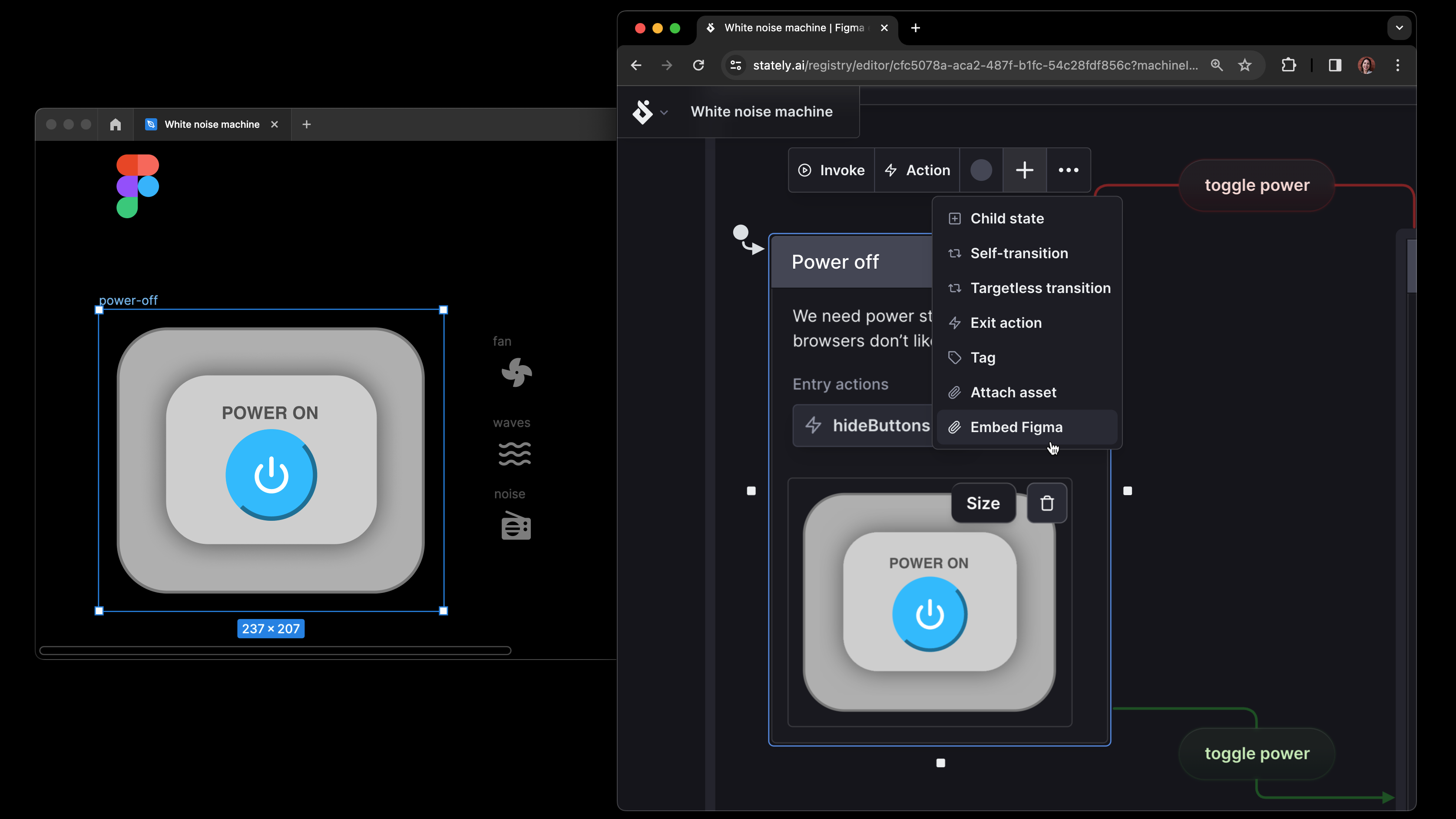 Figma showing a frame with a mockup for a power button. Stately Studio showing that same frame embedded in the power off state.