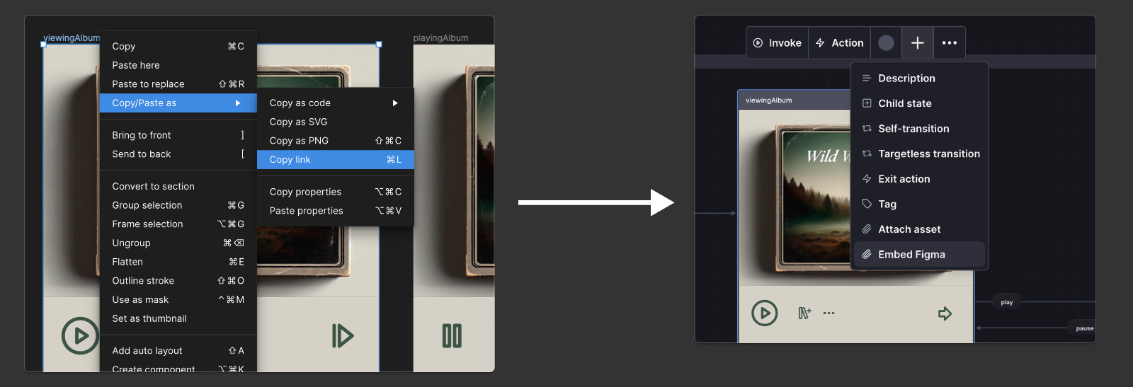 Frame inside Figma showing the menu for copy/paste as, and copy link. Alongside a frame in Stately showing the plus menu and the Embed Figma option.