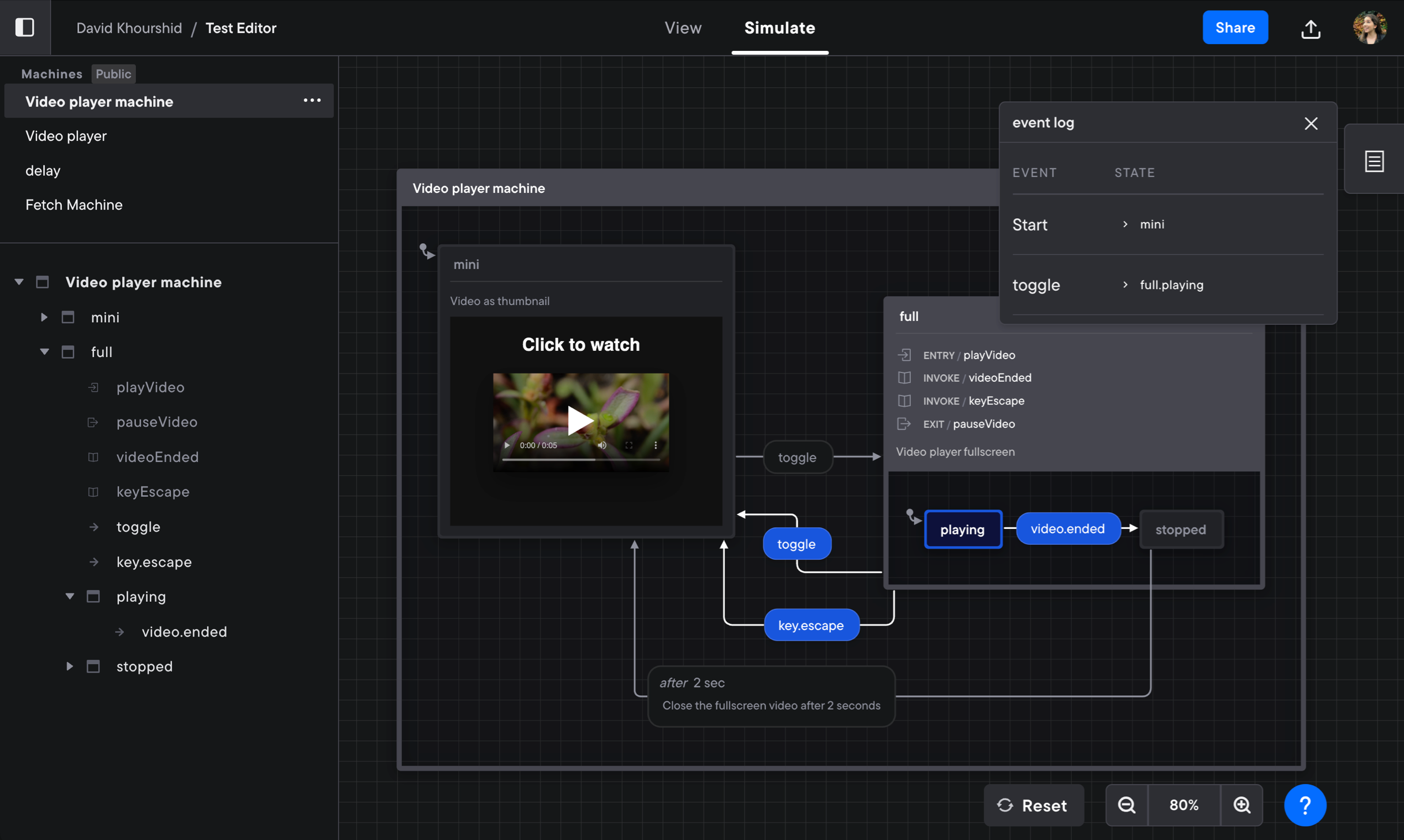 Simulate view in the Stately Studio showing a video player machine. In the mini state of the machine, there’s an image of a video player embedded in the description. There’s a popover menu showing the simulation event log. There’s a drawer icon in the top left showing where the tree view is hidden away. A breadcrumb in the header shows this machine is in the Stately team and Learn Stately studio project. The current tab in the top navigation is Simulate, but Edit is also available.