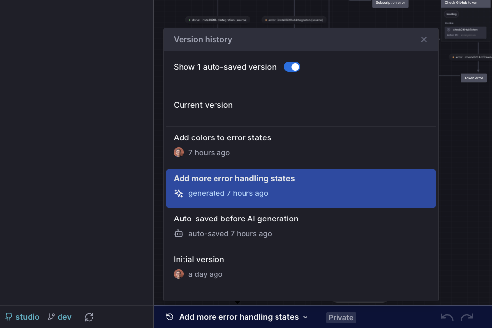 Stately Studio has offers powerful free and premium features for working with your state machines after importing them from a GitHub repository, like using Version History.